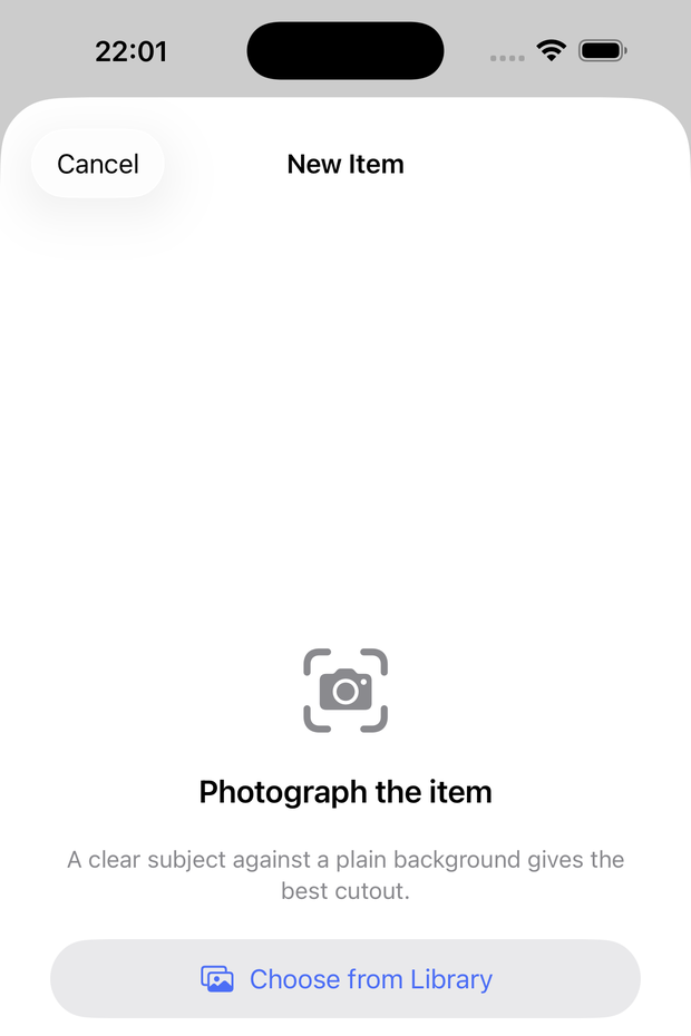 The New Item screen, prompting to photograph the item or choose one from the library