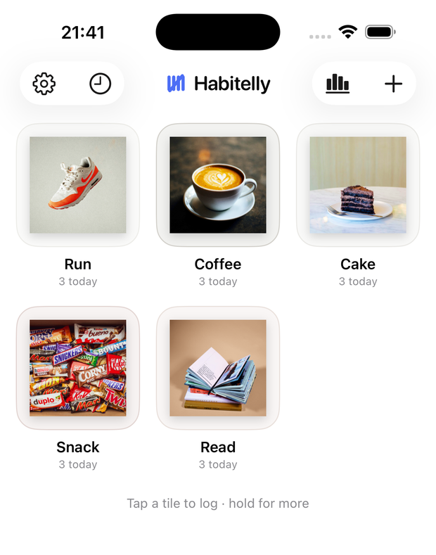The Habitelly board: photographed items you tap to log a use