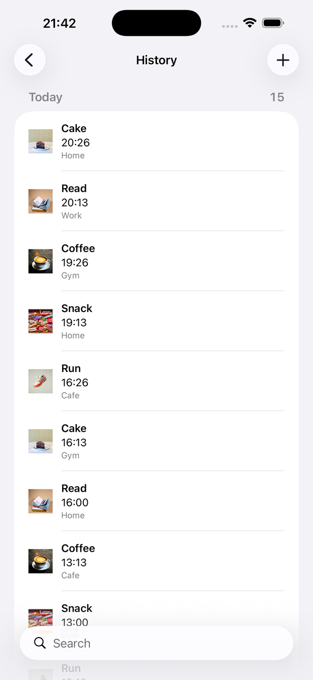 Today's history list of logged uses, each with a time and place