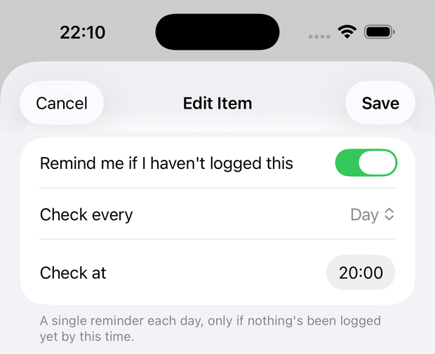 An item's edit screen showing the reminder toggle, check-every period, and check-at time