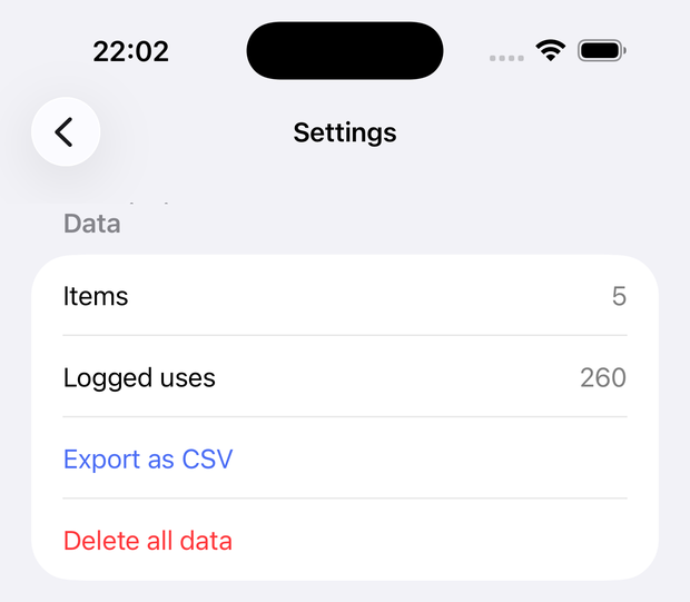 The Settings screen's Data section, showing item and logged-use counts, Export as CSV, and Delete all data